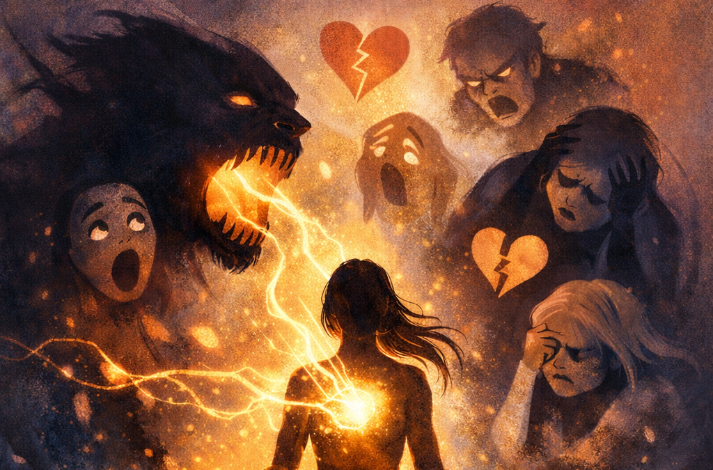 zdjęcie przedstawia kobietę, która pragnie spokoju, ale emocje jej na to nie pozwalają i nią rządzą. Ma ona jednak w sobie światło, które pozwoli jej moc odzyskać.